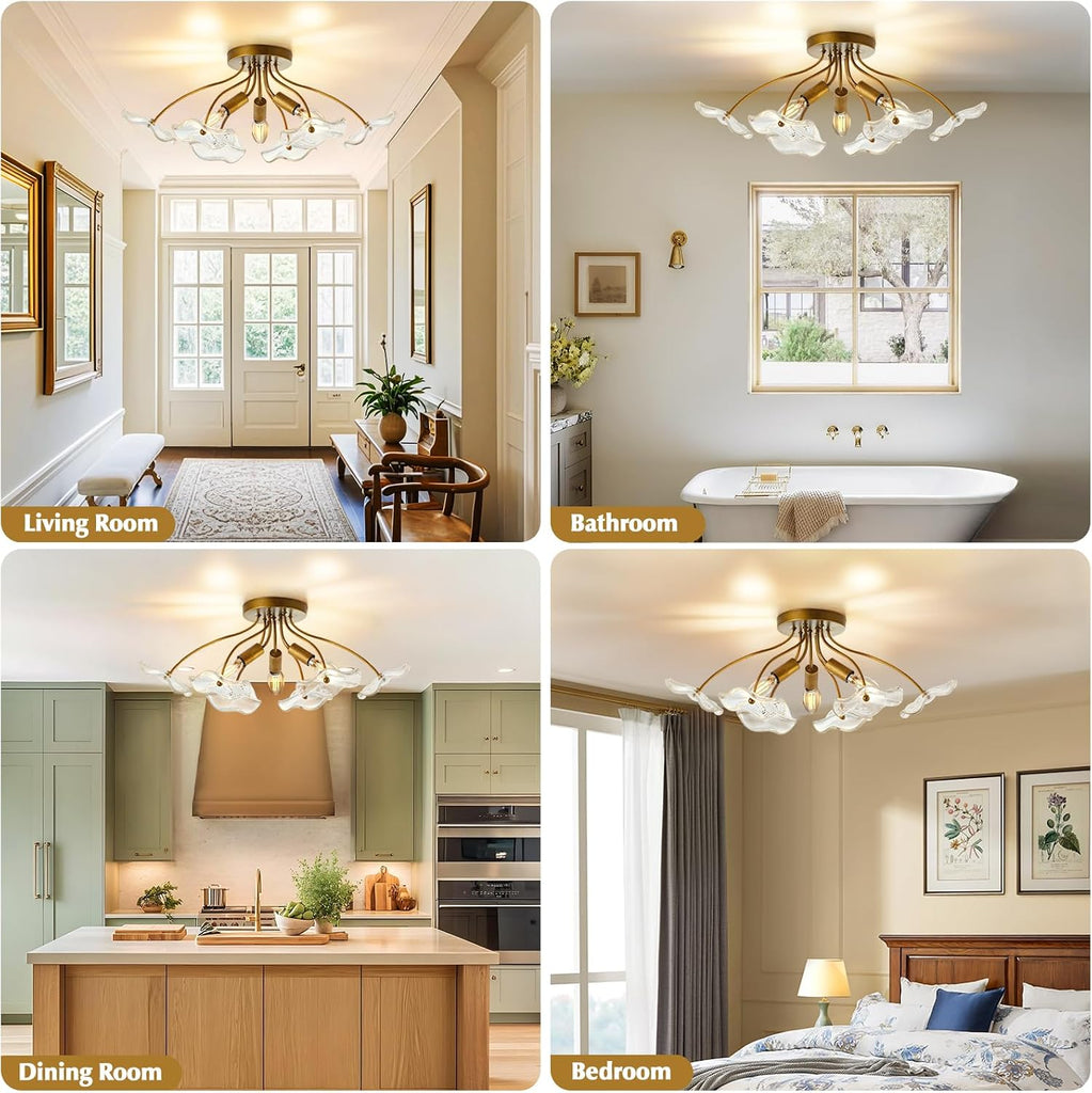 Semi Flush Mount Ceiling Light, Modern Gold Ceiling Light Fixture, Vintage Brass Lighting Entryway Hallway Bathroom