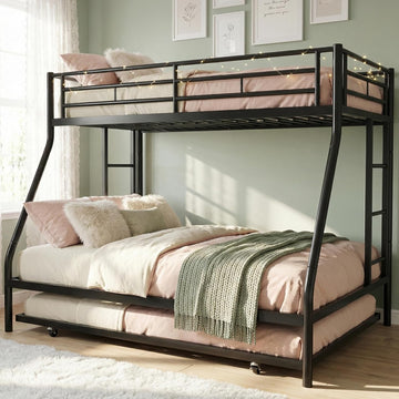 Metal Bunk Beds with Double Secured Ladders, Twin Over Full Bunk Bed with Surrounded Safety Guardrails