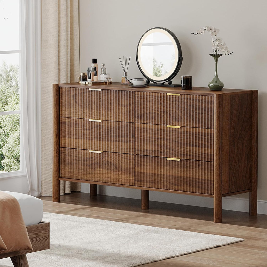 55" Wide 6-Drawer Fluted Dresser , Mid-Century Modern Chest with Solid Wood Legs, Large Storage Organizer,Metal