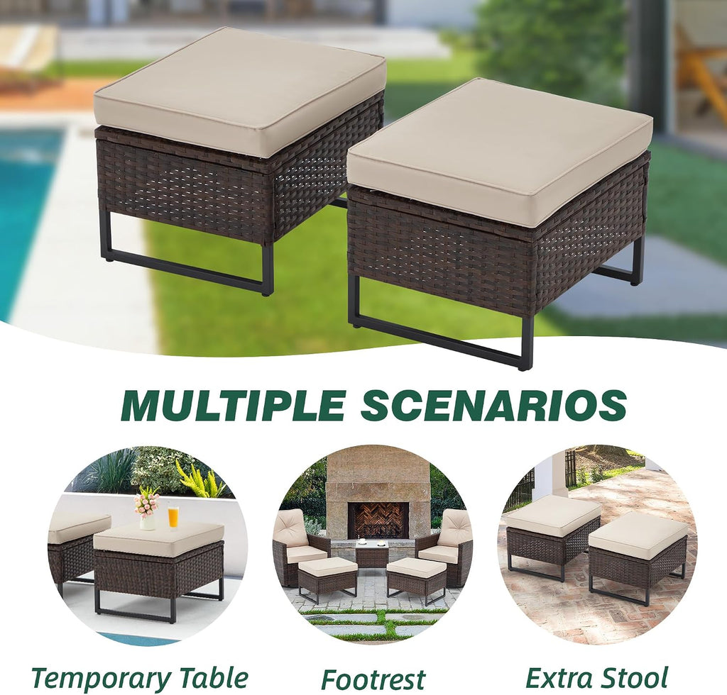 Outdoor Wide Wicker Ottomans Set of 2, All-Weather Rattan Ottoman Seat for Garden, Backyard and Balcony, Patio