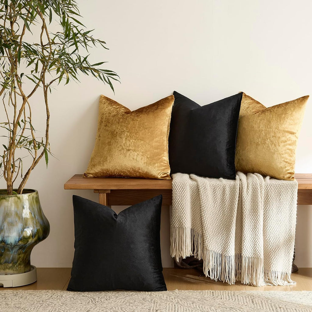 Decorative Throw Pillow Covers 18 x 18,Gold Black Soft, Set of 4 Square Velvet Cushion Covers