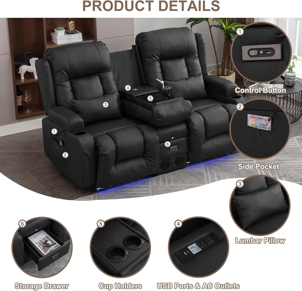 Power Loveseat Recliner Sofa with Massage & Heat Home Theater Seating with Console RV Recliner Loveseat Sofa