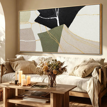 Framed Canvas Paintings Wall Art Textured Black Beige And Green Minimalist Irregular Modern Art Wall Decor Pictures