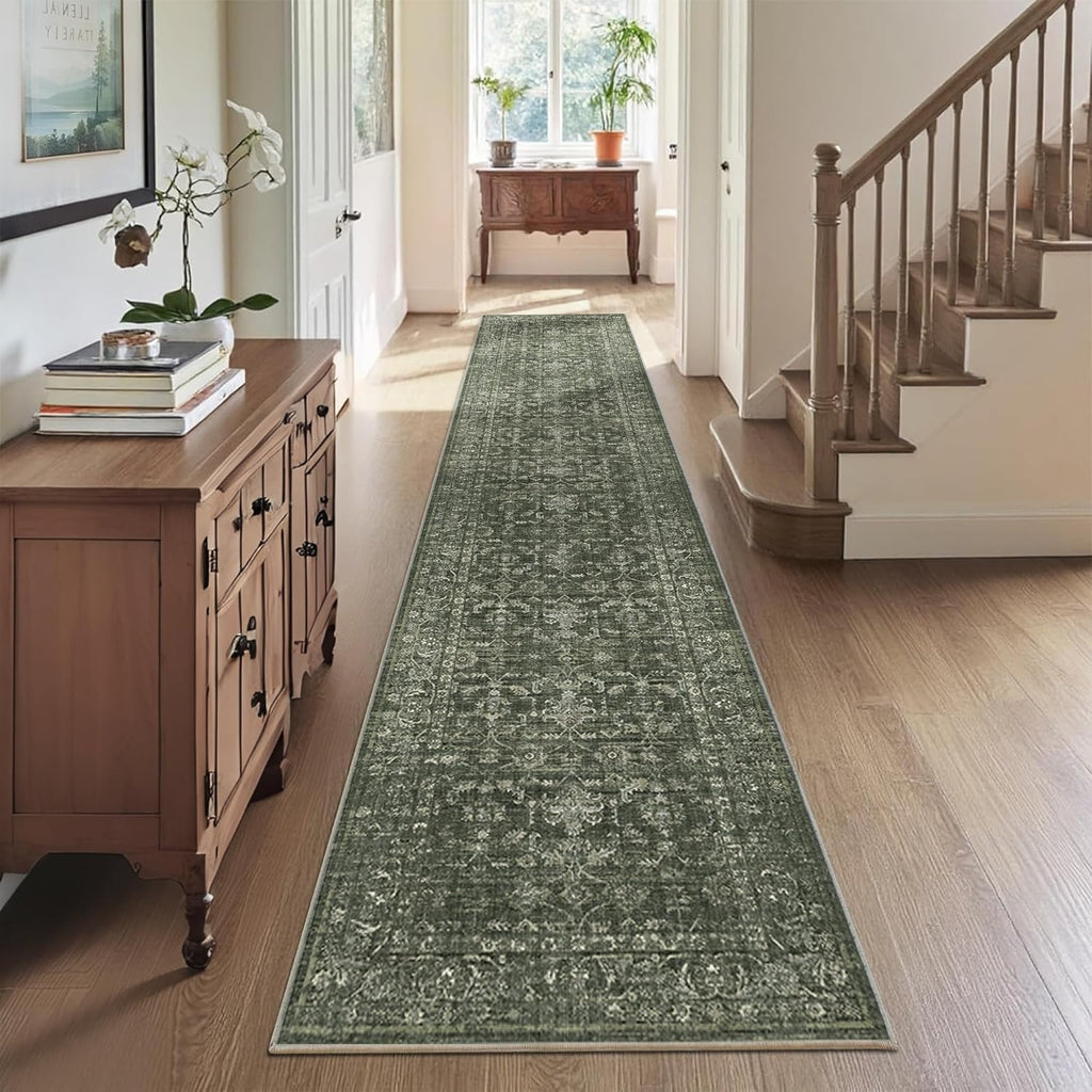 2x10 Hallway Washable Runner Rug Vintage Green Boho Extra Long Runners