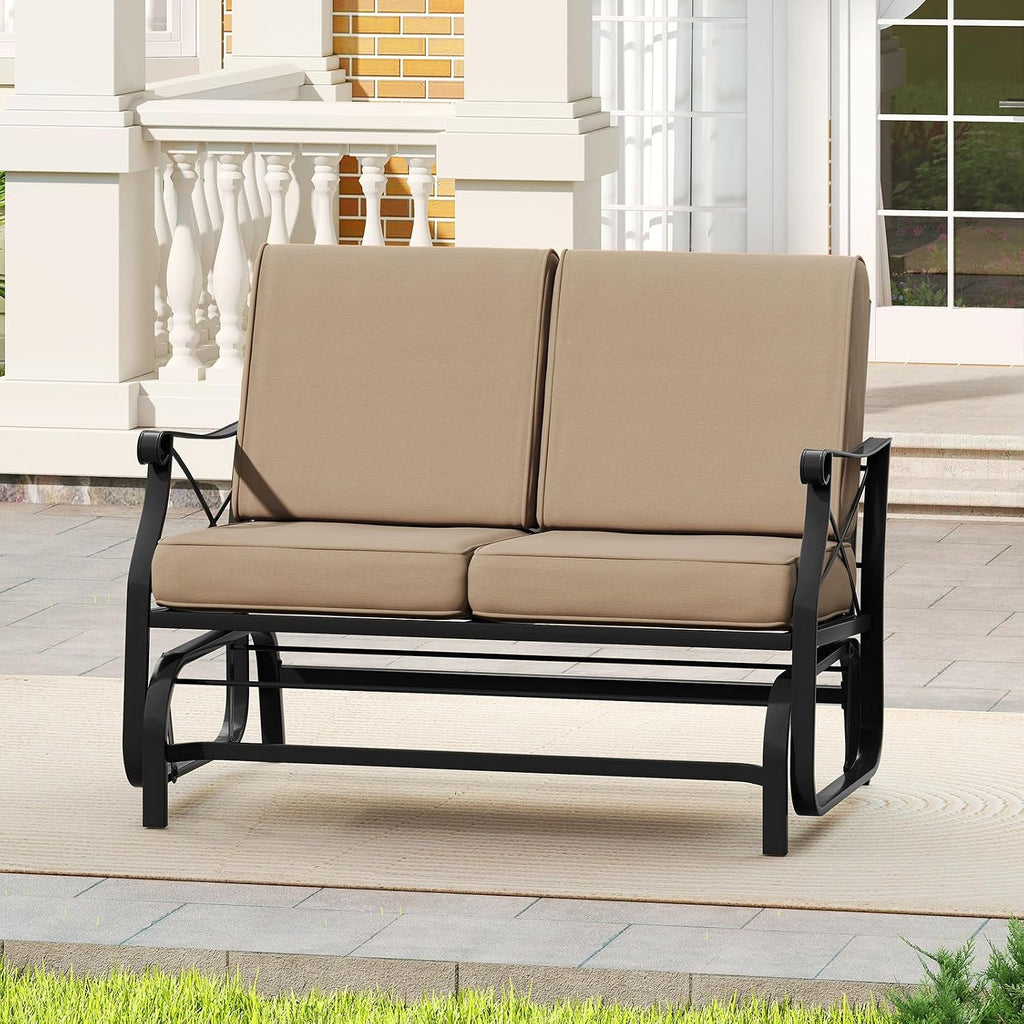 Patio Glider Bench, 2-Person Swing Gliding Loveseat with Breathable Fabric Seat & Soft Cushions, 660 LBS Metal Frame