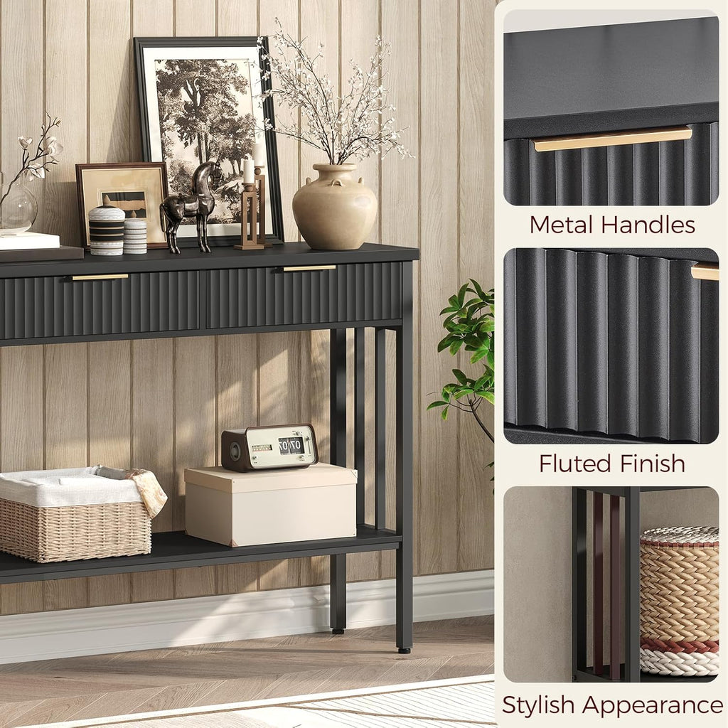 39.4" Console Table with 2 Drawers, Narrow Long Entry Table with Storage Shelf, 2-Tier Fluted Entryway Table with 2