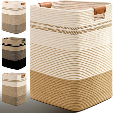 Laundry Hamper, 85L Tall Laundry Basket with Leather Handles, Rectangle Large Clothes Hamper for Organizing, Cotton