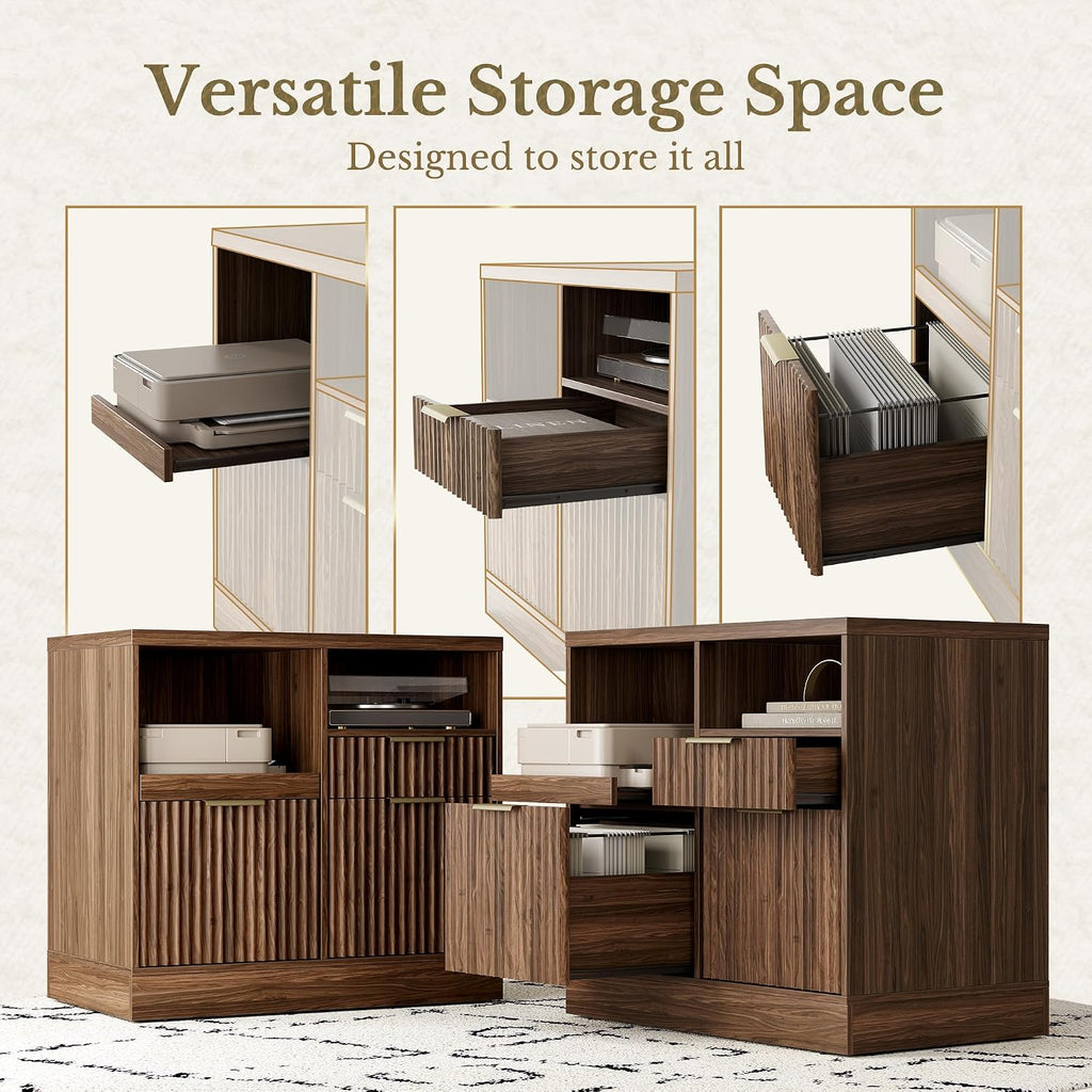 3 Drawer File Cabinet, Fluted Wood Lateral Filing Cabinet with Charging Station , Fits for A4/Letter-Sized Files