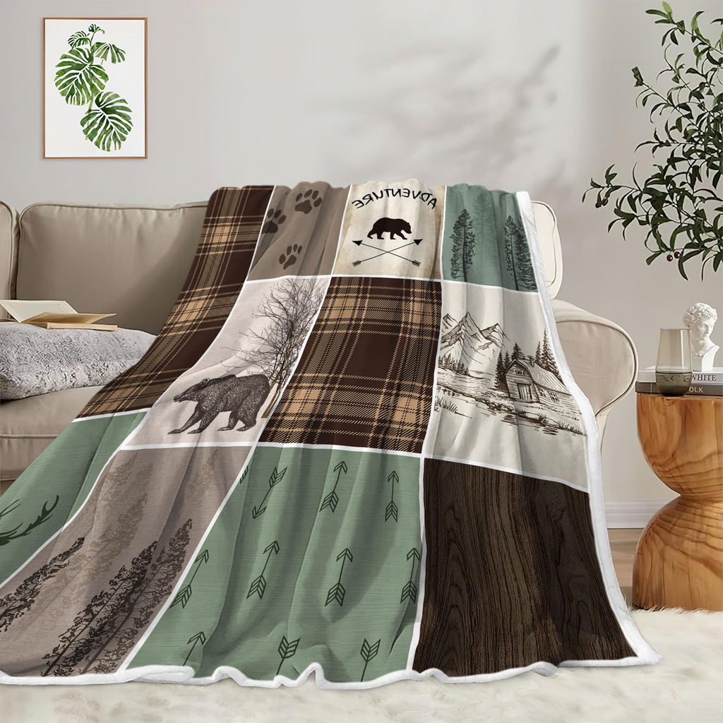 Rustic Cabin Bear Deer Weighted Thick Throw Blanket for Couch, Green Hunting Camper Woodland Farmhouse Lodge Plaid
