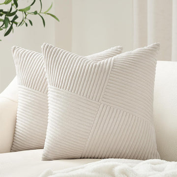 Cream White Decorative Neutral Throw Pillow Covers 18x18 Inch, Soft Corduroy Striped Patchwork Windmill Textured