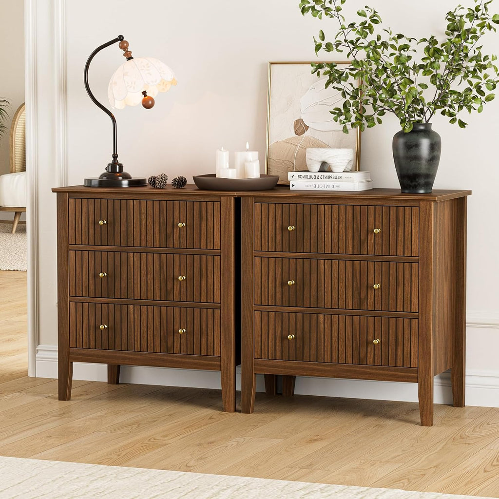 Night Stand, Fluted 3 Drawer Wide Farmhouse Nightstand with Gold Handle, Larger Wider Modern Bedside End Table