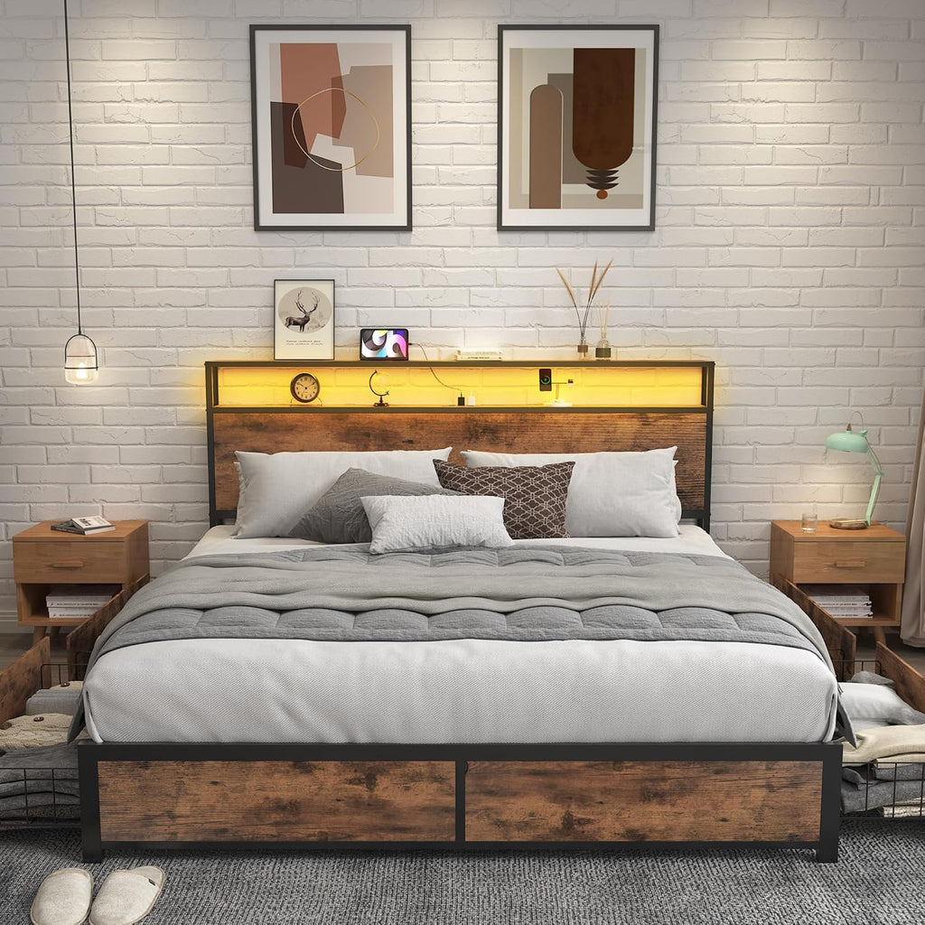 Queen Bed Frame with 2-Tier Storage Headboard, Metal Platform Bed Frame with 4 Storage Drawers