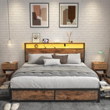 Queen Bed Frame with 2-Tier Storage Headboard, Metal Platform Bed Frame with 4 Storage Drawers
