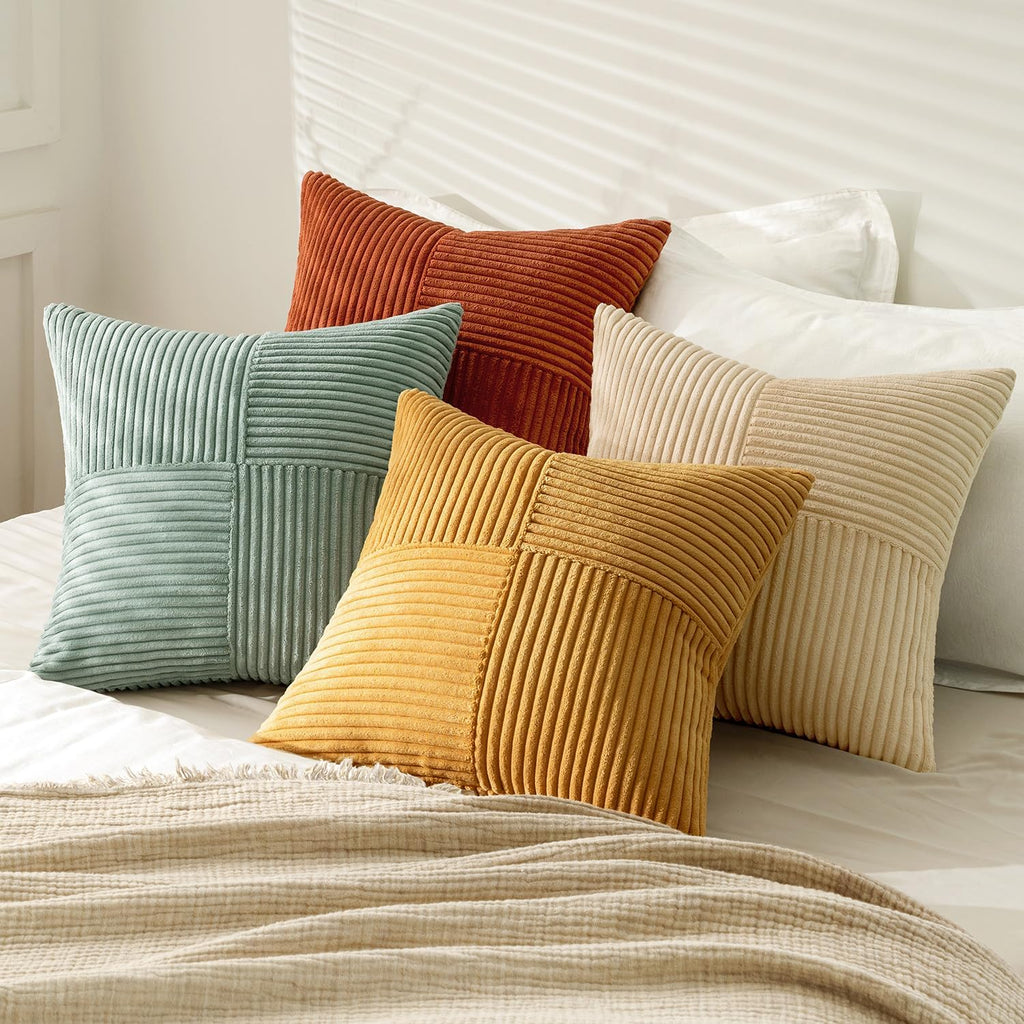 Teal Orange Decorative Throw Pillow Covers 18x18 Inch Set of 4 Boho Corduroy Striped Cushion Cases Modern Farmhouse