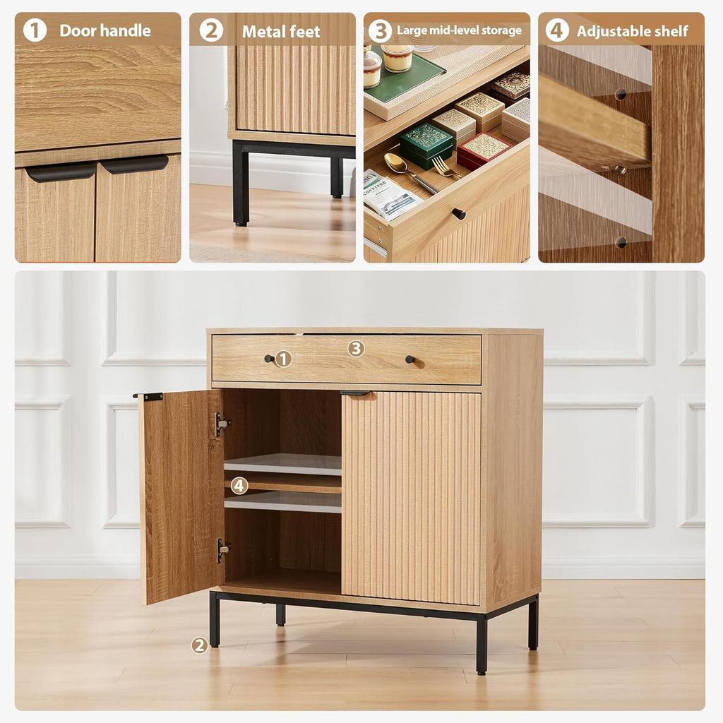 31 inch Sideboard Buffet Cabinet with Drawer, Modern Fluted Credenza with 2 Doors & Adjustable Shelf