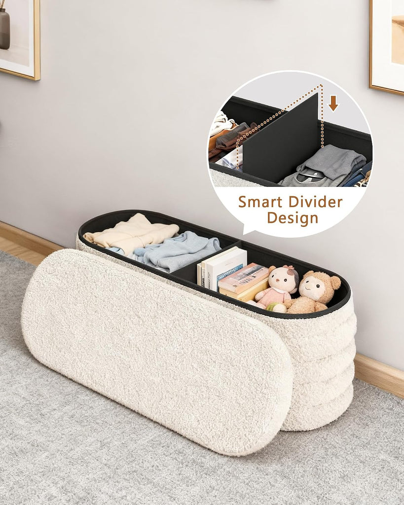 Storage Ottoman Bench, 43" Entryway Shoe Seat, Sherpa White | Upholstered Oval Ottoman with Storage, End of Bed Stool