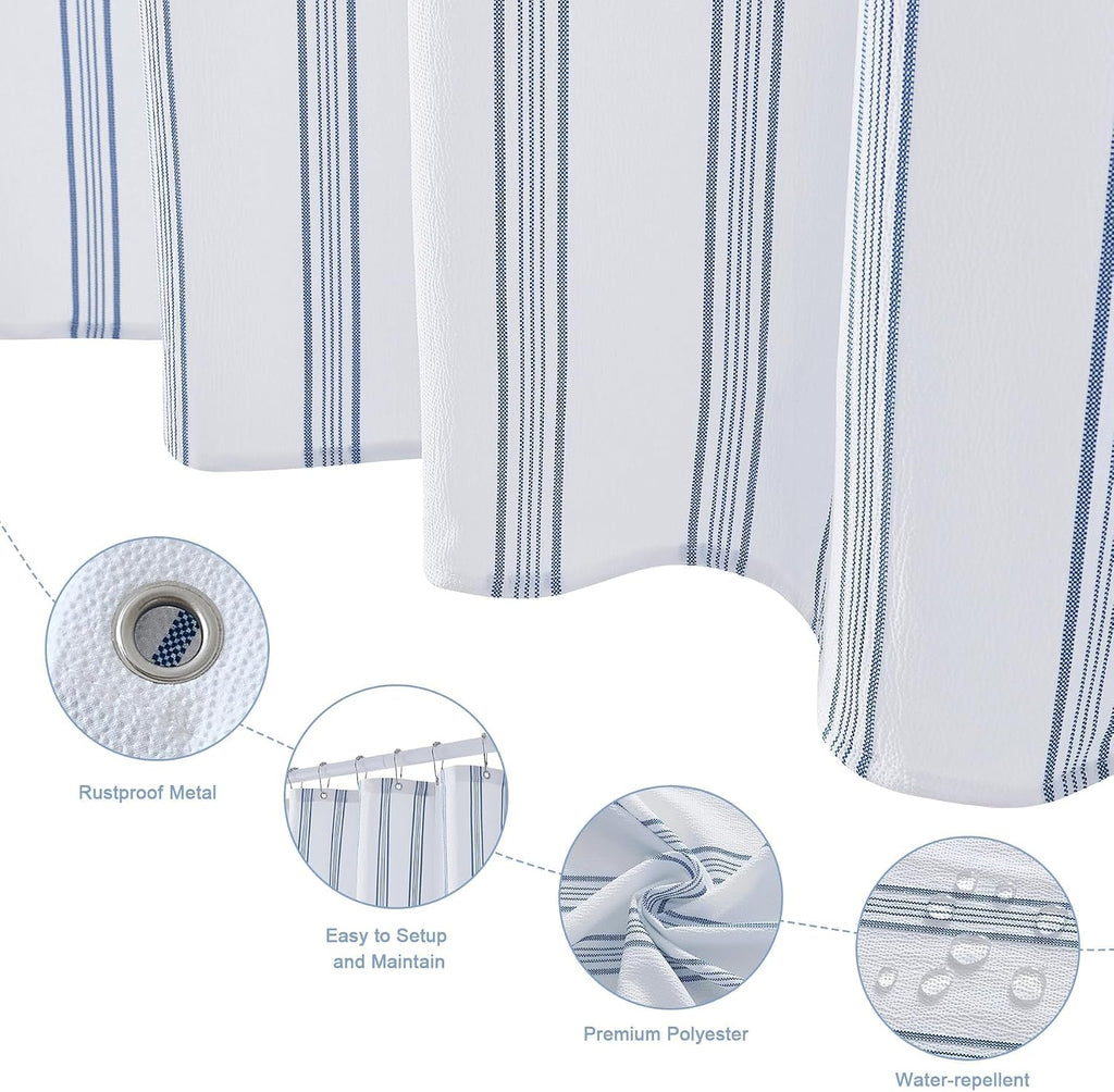 Blue and White Striped Shower Curtain with 12 Metal Hooks, Crinkled Lightweight Textured Fabric Modern Farmhouse