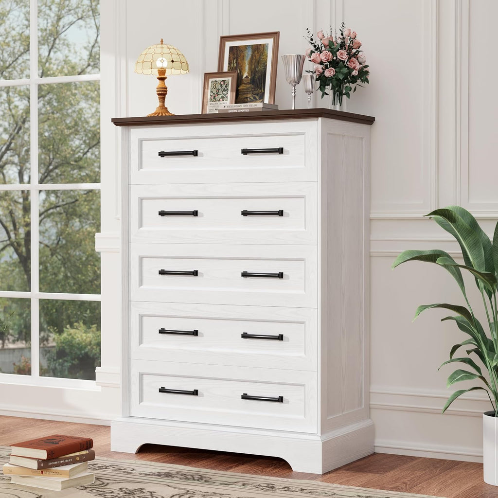 Tall Dresser ,Farmhouse 5 Drawers Dresser, Chest of Drawer Chest, Multi-Tier Clothing Storage Cabinet, White and Brown