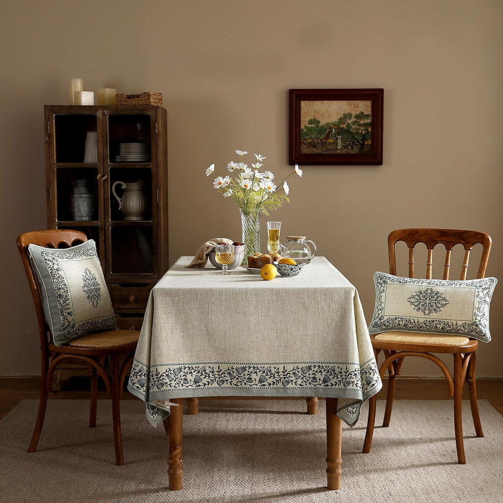 Designer Vintage Linen Elegant Rectangular Tablecloth,Chinoiserie Floral Indoor Table Cloth,Wrinkle 