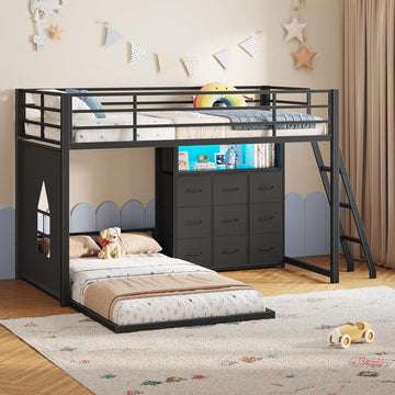 Low Bunk Bed Twin Over Twin with 9 Storage Drawers, L-Shaped Twin Bunk Beds with LED Lights & Play Area