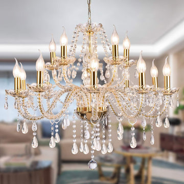 K9 Crystal Candle Chandeliers Lighting 15 Lights Pendant Ceiling Fixture Lamp for Dining Living Room Bedroom Hallway Entry Elegant Decoration (15 Bulbs)