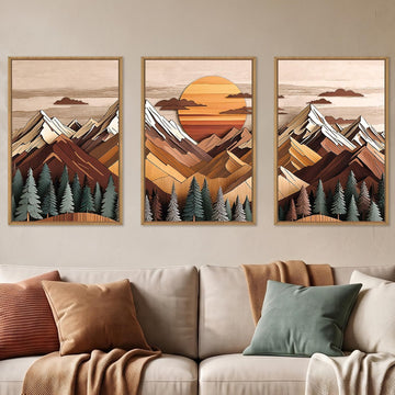 Woodcut Mountain Landscape Framed Canvas Wall Art Set-24"x36"x3