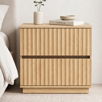 Fluted Nightstand with 2 Drawers, 23.6-Inch Wide, Natural Oak