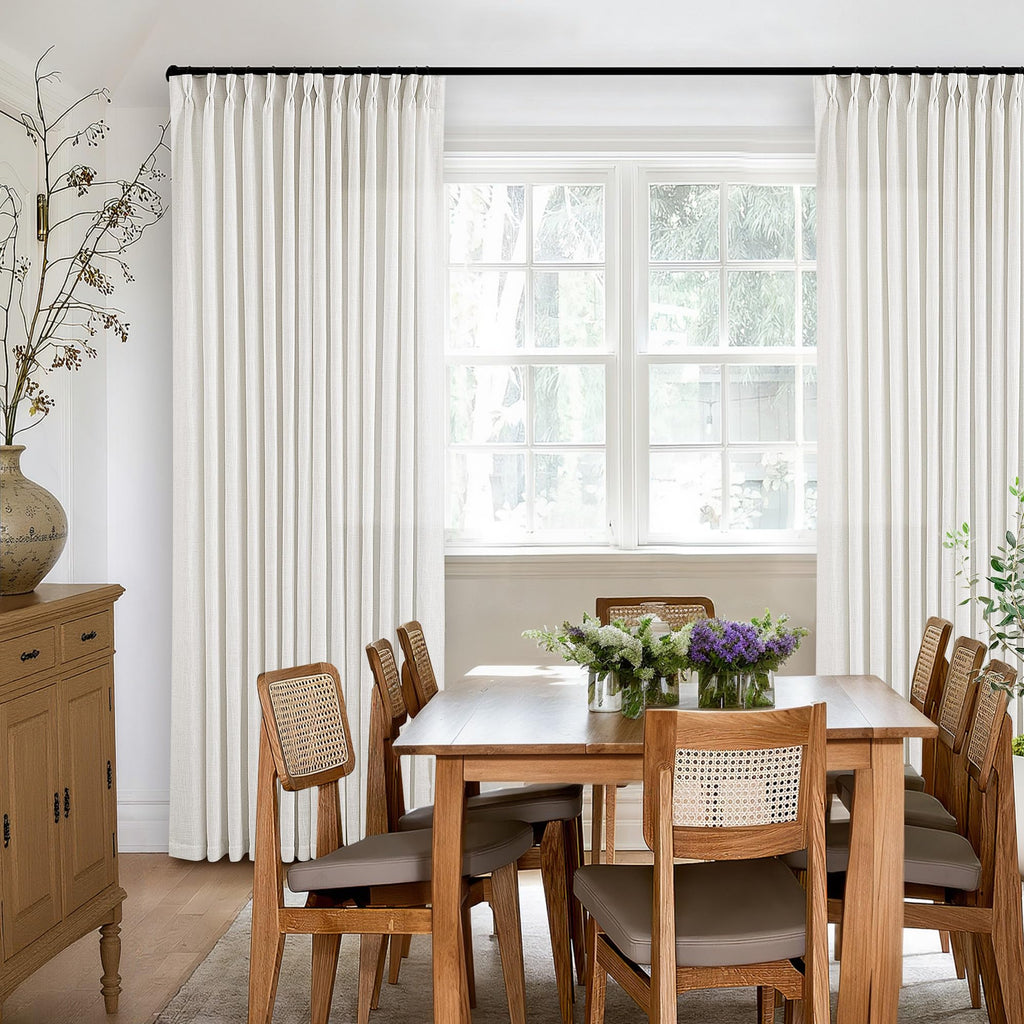 Beige White Linen Curtains Pinch Pleated 84 Inches Long 2 Panels