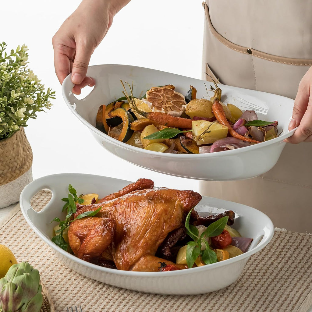 Large Serving Bowl with Handles, Oval Serving Platter Set of 2 | Thanksgiving Serving Dishes for Entertaining
