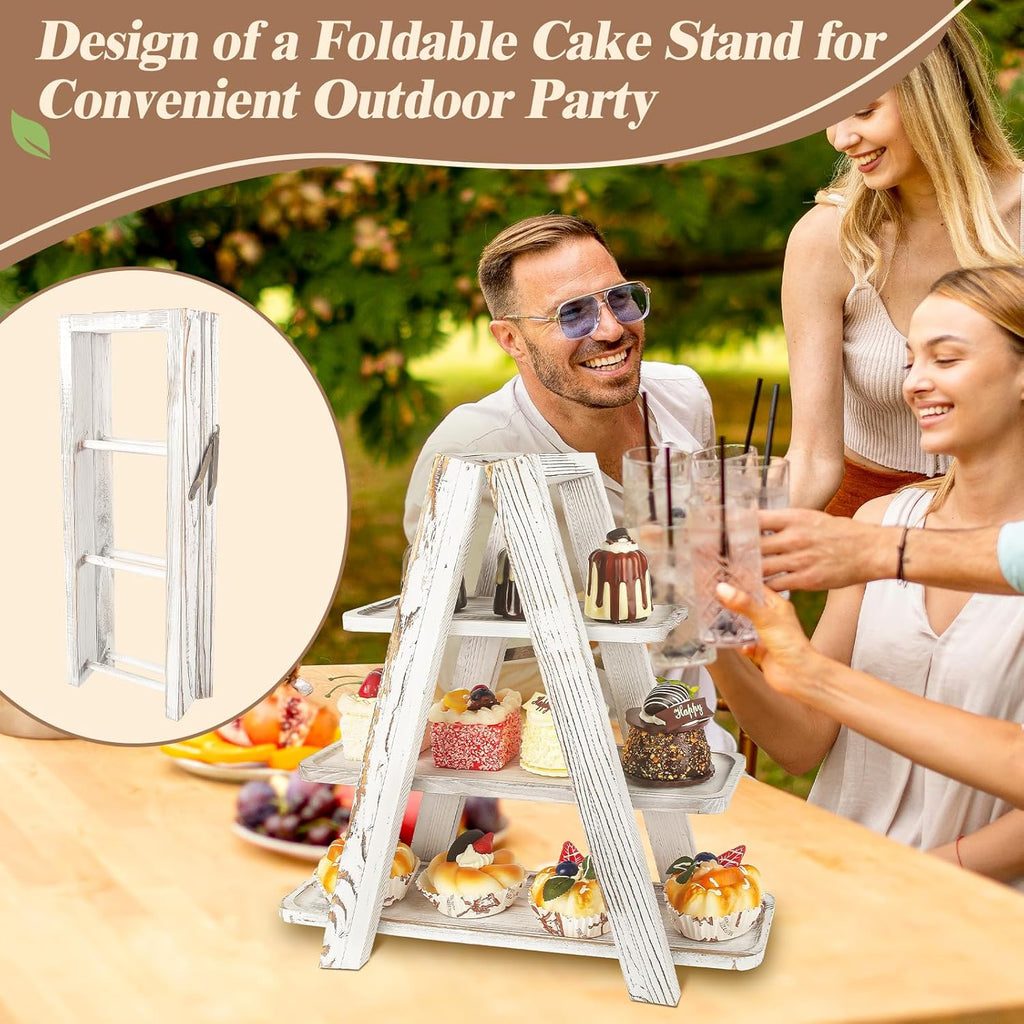 Wooden 3 Tier Cupcake Stand with Swing and Flower Decoration Serving Removable Tray Display Serving Ladder Foldable