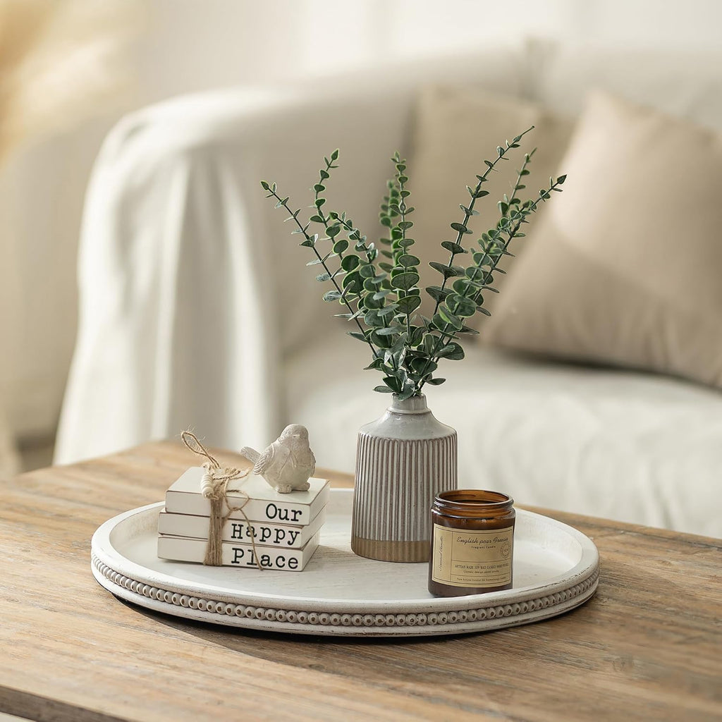 Large Round Decorative Tray: 17" White Coffee Table Decor Wood Centerpiece Beaded Trays Farmhouse Boho Ottoman