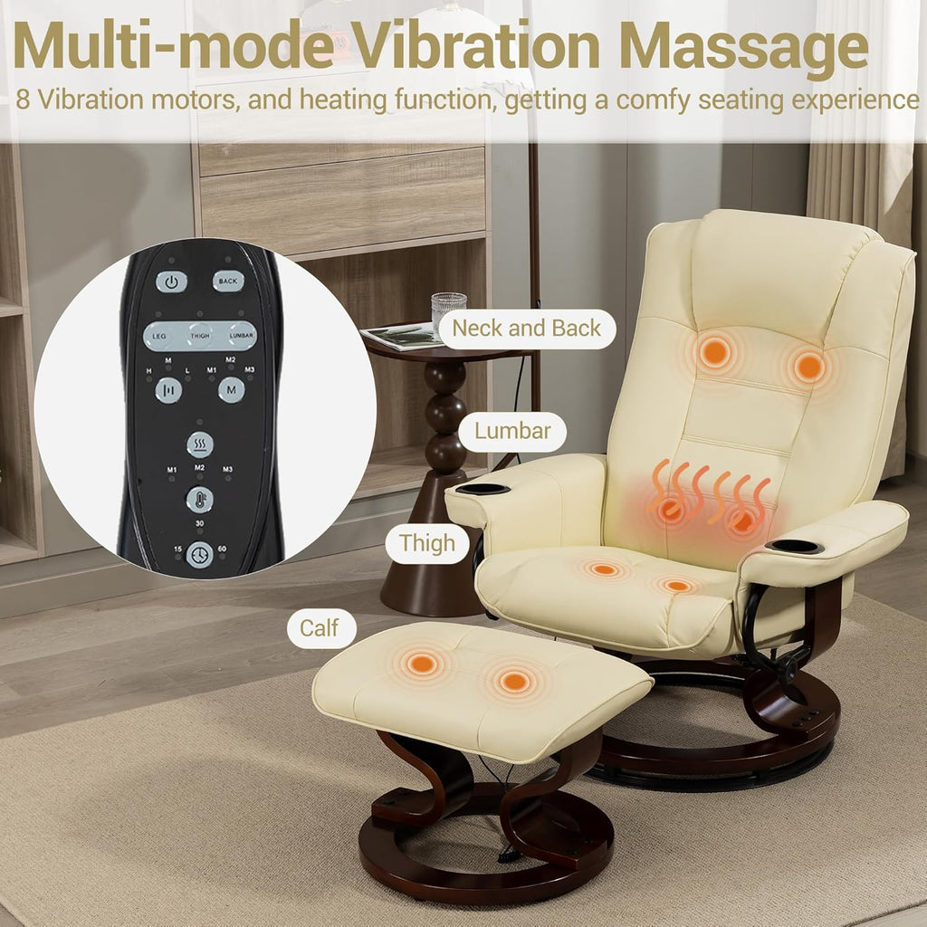 Modern Reclining Swivel Lounge Chair and Ottoman — Beige PU Leather