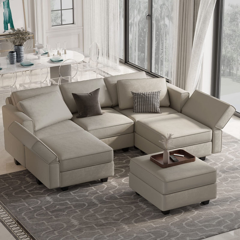 Modular Velvet Sectional Sofa with Chaise Lounge Sectional Sleeper Sofa with Storage Chaise Bed Couch Grey