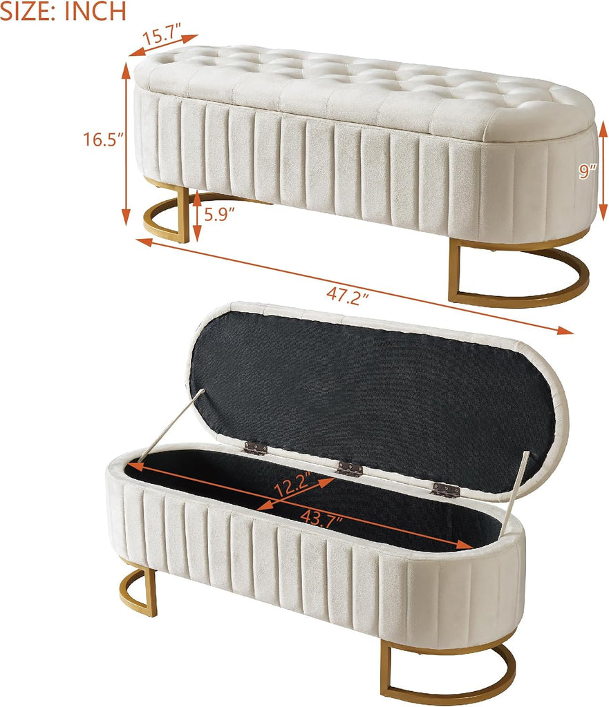 Elegant Upholstered Velvet Storage Ottoman with Button-Tufted,Storage Bench with Metal Legs ,Fully Assembled Except