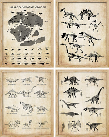 Framed Retro Vintage Duotone Sepia Dinosaur Museum Skeletons Wall Art, Set of 4 Illustration Wall Decor Prints