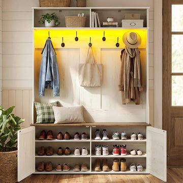 Hall Tree with Bench and Shoe Storage, 5-in-1 Coat Rack with Shoe Bench, Adjustable LED Light, 7 Double Hooks