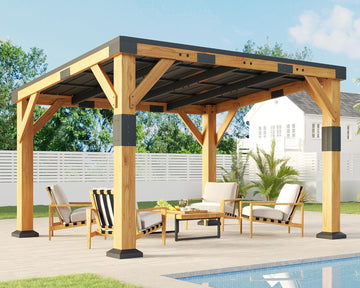 10' x 12' Cedar Wood Gazebo with Sloped Galvanized Steel Roof, Hardtop Gazebo Pavilion with Durable