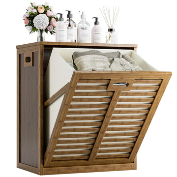 Bamboo Tilt Out Laundry Hamper, Bathroom Storage Cabinet with Hidden Removable Basket and 3 Sides Cutout Handles