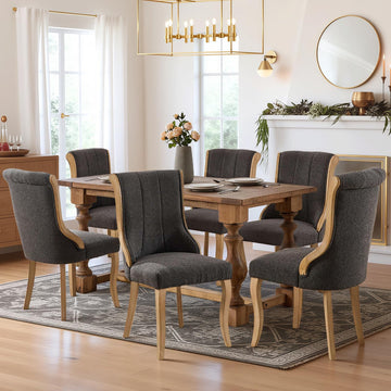 Boucle Fabric Set of 6, Curved Wood Trim and Sculpted Solid Wood Legs (Grey)
