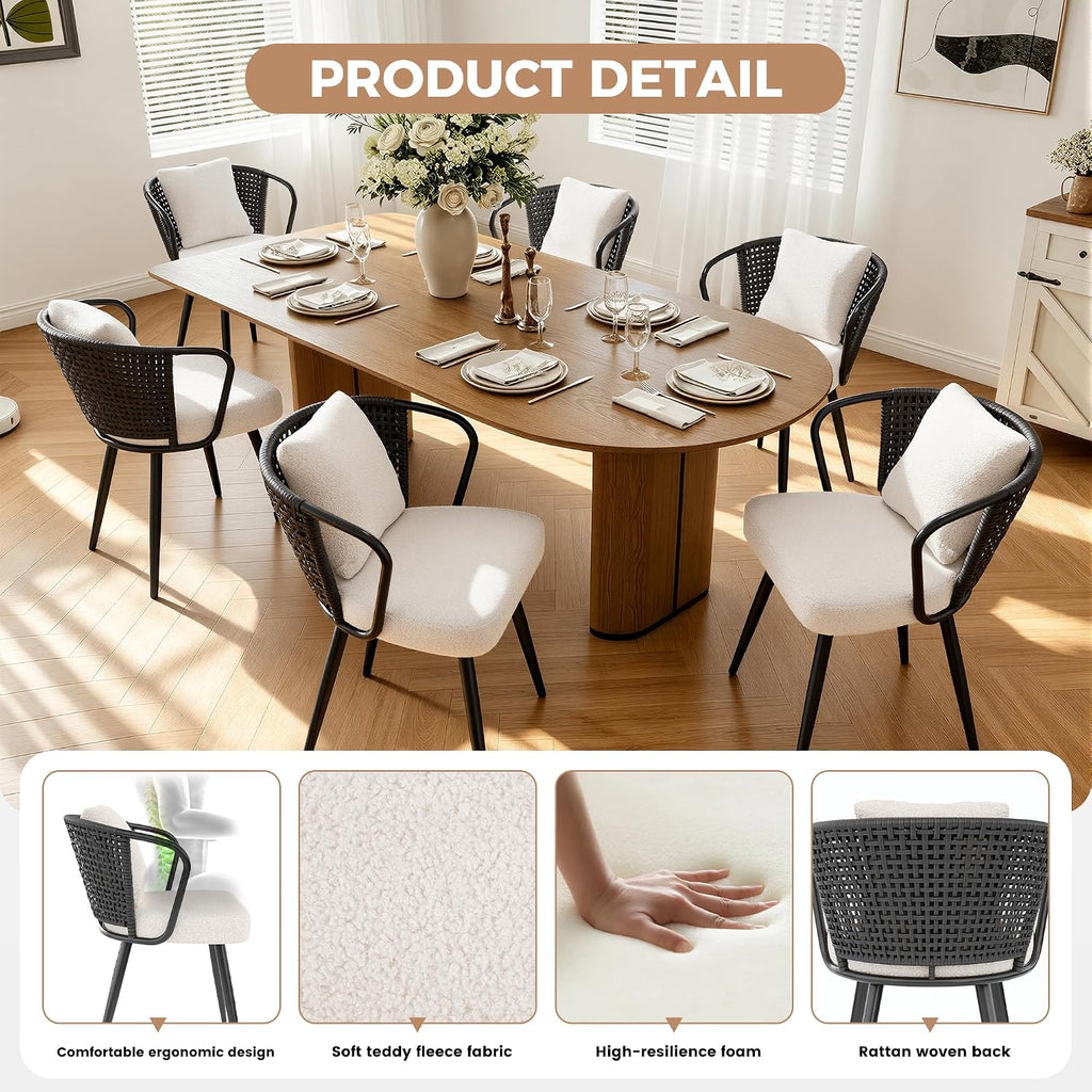 Modern Rattan Dining Chairs Set of 6, Upholstered Kitchen Chair with Metal Legs, Ergonomic Curved Backrest, Mid