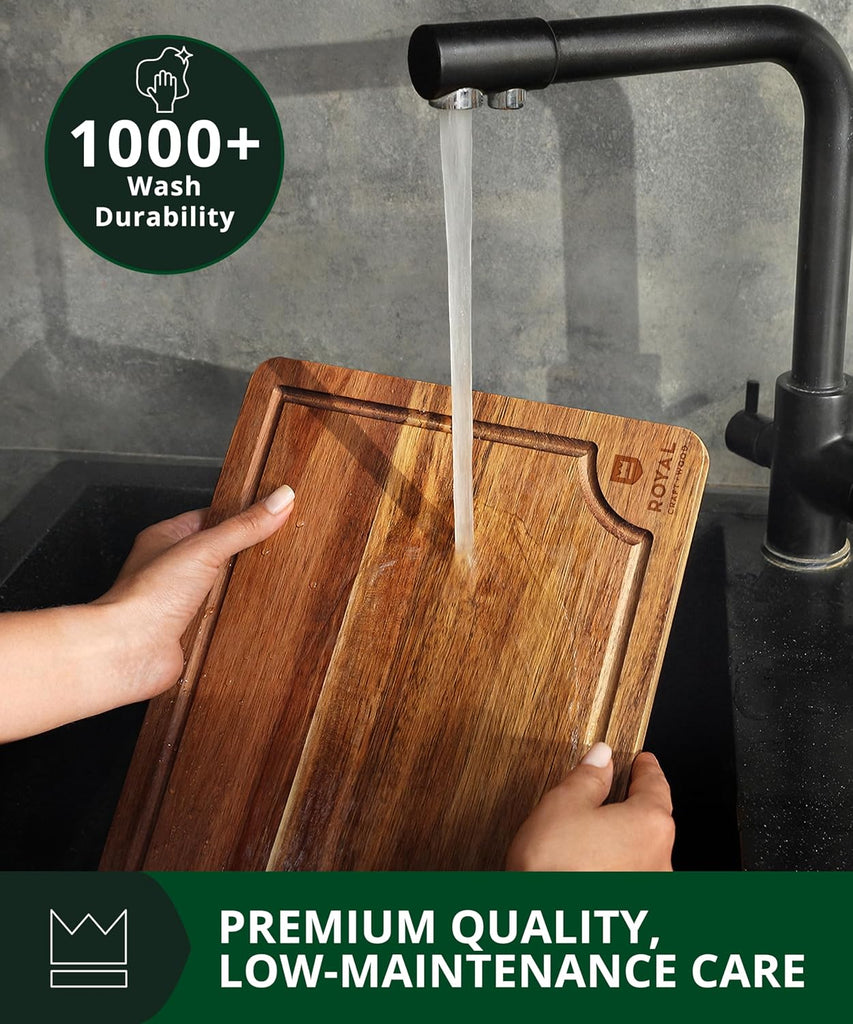 Wooden Cutting Boards Meal Prep & Serving - Bamboo Wood Serving Board Set with Deep Juice Groove Side Handles