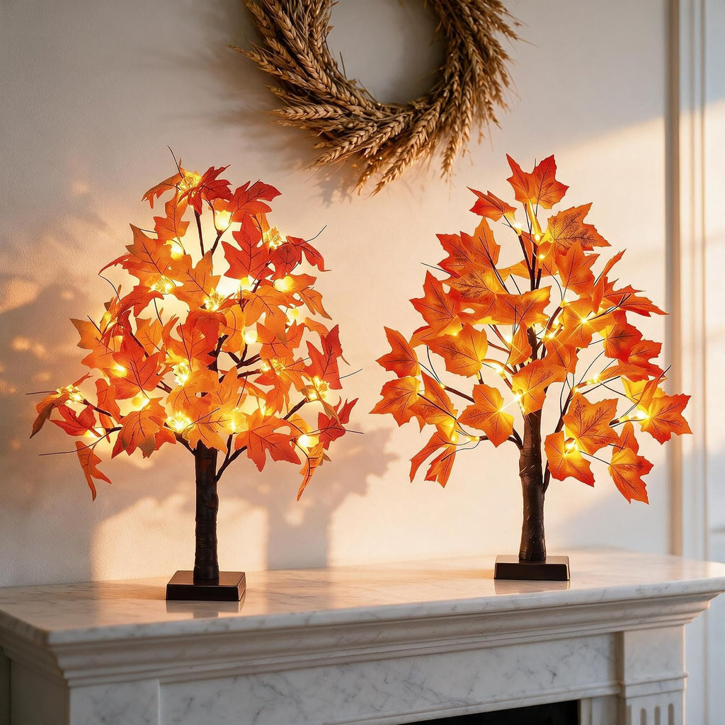 24" Artificial Fall Lighted Maple Tree with Timer, USB/Battery Operated, 24 LEDs & 48 Autumn Leaves, DIY Bendable