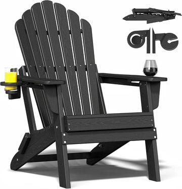 HDPE Folding Adirondack Chair with Dual Cup Holders, Black | Ergonomic High Back HDPE Fire Pit Chair, 380lbs Capacity