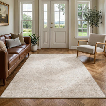 3x5 Washable Beige Neutral Vintage Floral Area Rug