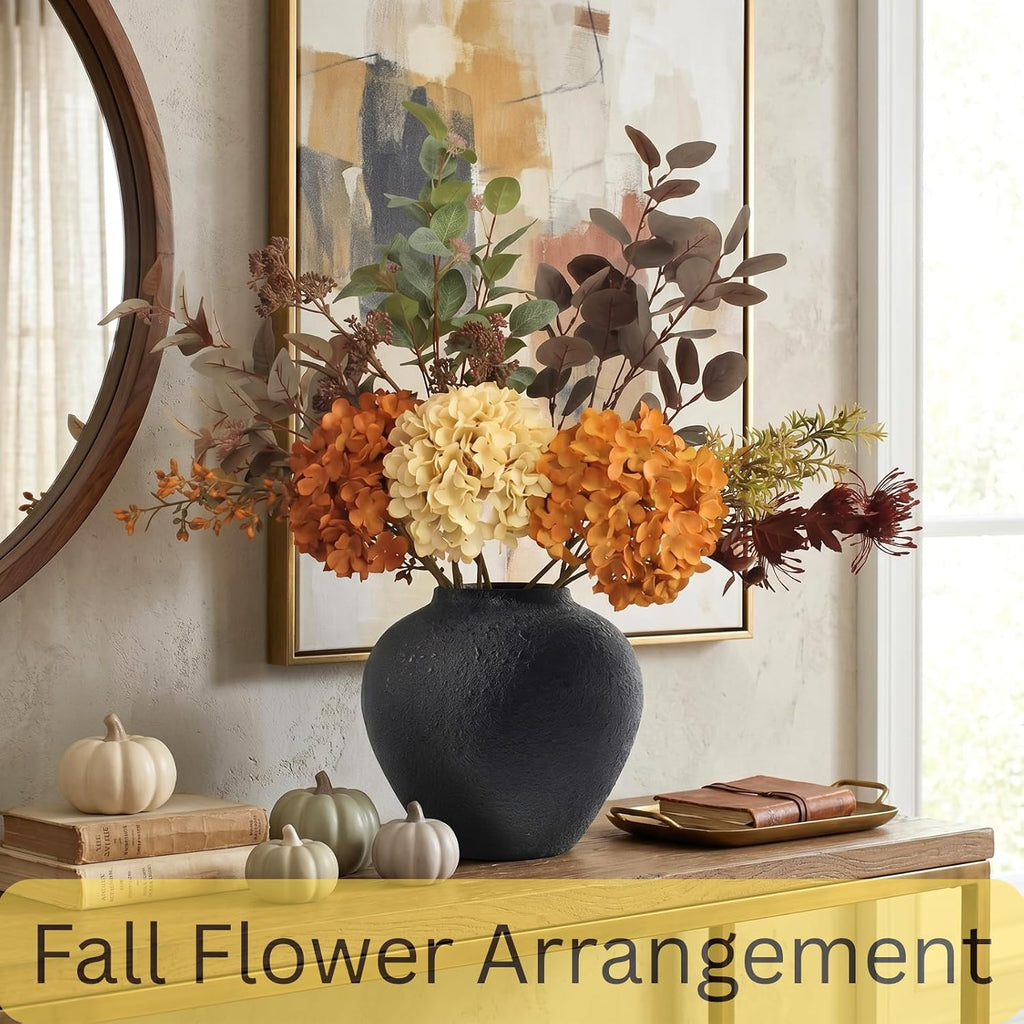 Faux Arrangement - Burnt Orange Hydrangea & Eucalyptus Stems, Fall Centerpieces for Tables, Large Floral Arrangement