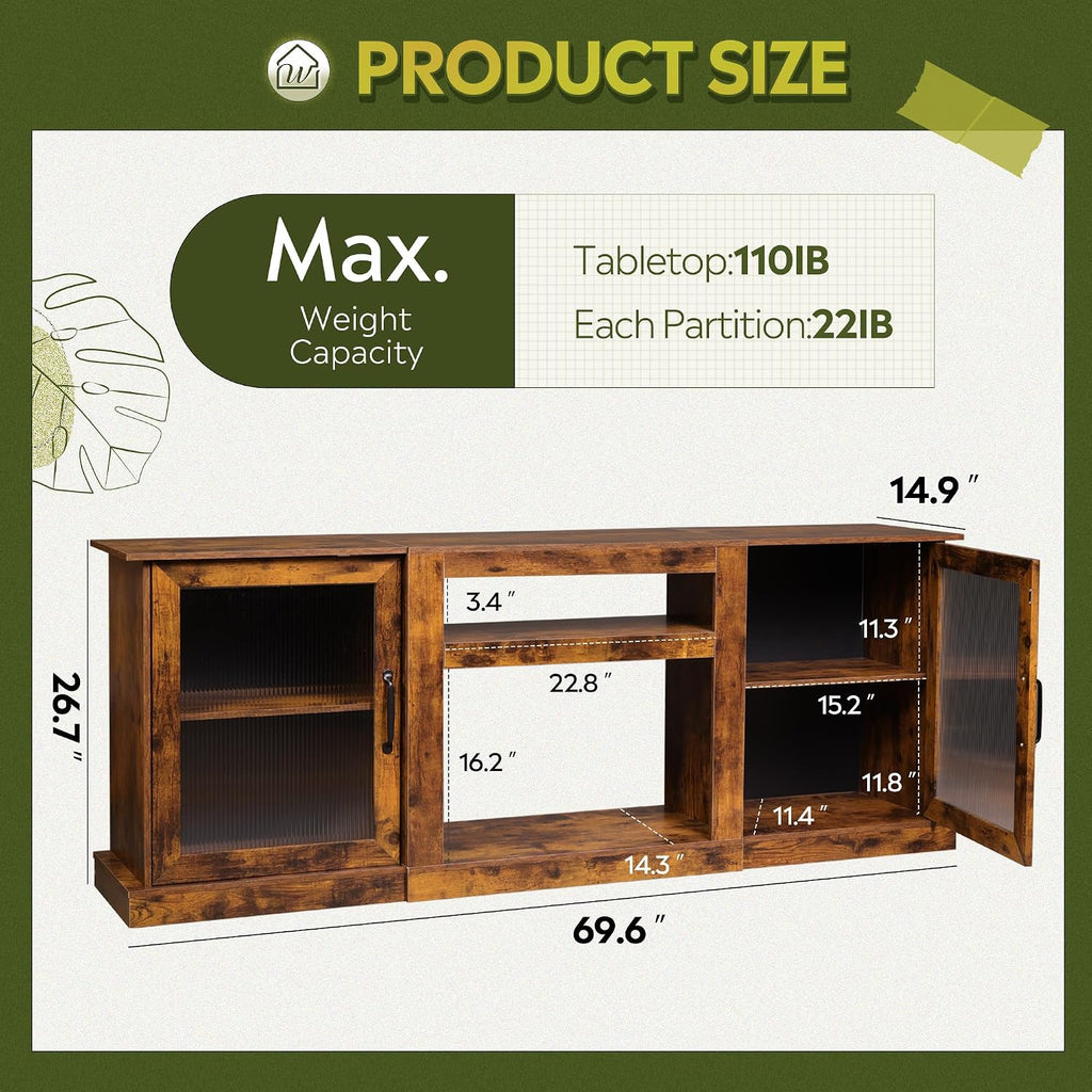 Farmhouse TV Stand for 75 inch TV, Entertainment Center with Storage Cabinets, Mid Century Modern TV Console for Living Room, Bedroom, Rustic Brown