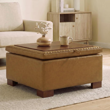 24 Inch Square Storage Ottoman Coffee Table, Modern Tufted Upholstered Ottoman with Flip Tray and Solid Wood Legs