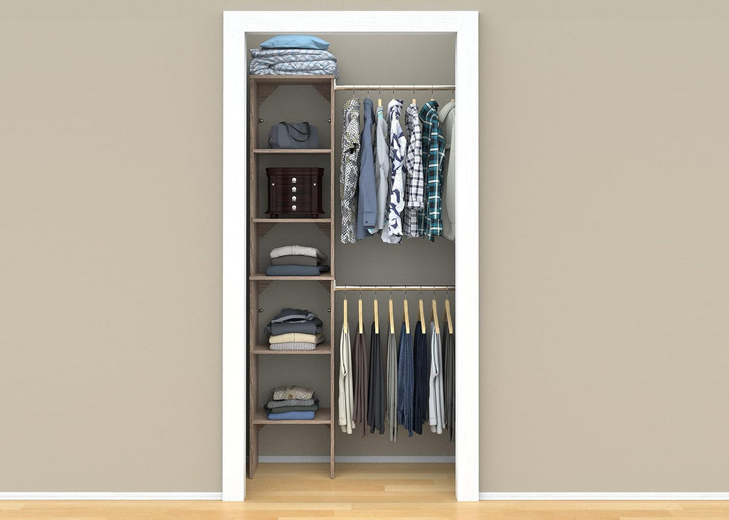 SuiteSymphony Wood Closet Organizer Starter Kit with Tower and 3 Hang Rods, Shelves, Adjustable, Fits Spaces 4 - 9