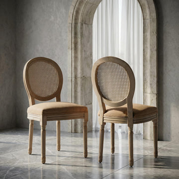 Vintage French Country Dining Chairs Set of 6, Rattan Dining Chairs with Solid Wood Legs, Amber Upholstered Chair