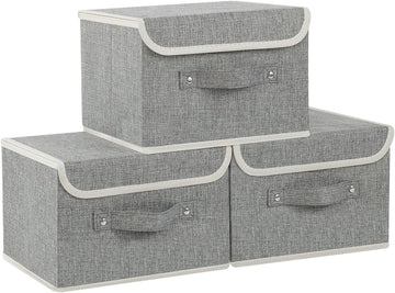 Foldable Fabric Storage Cubes with Lids,Grey 10.2x7.9x6.7in,3 Pack | Storage Bins with Handles,PP Panel Closet